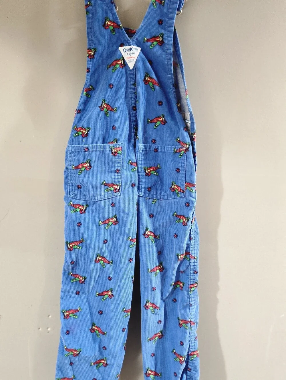 VTG Oshkosh B'Gosh Baby Blue Corduroy Airplane Size 5t Made in USA Overalls